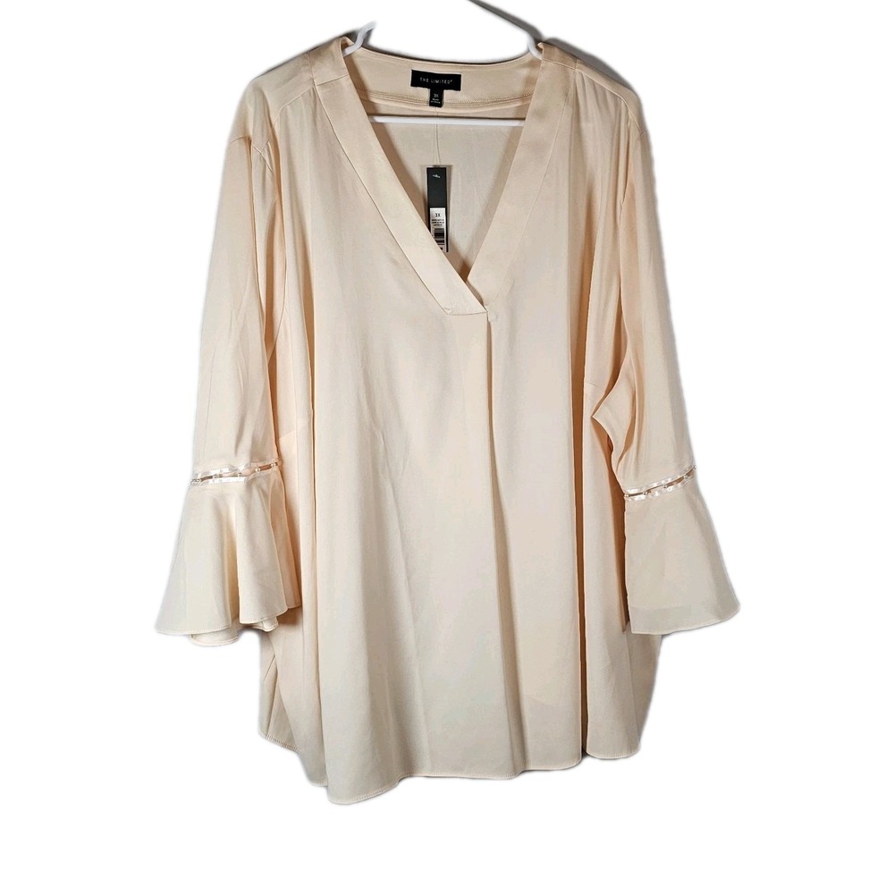 NWT The Limited Top Women Blouse 3X Lt Pink Stretch 3/4 Bell Sleeve Semi Sheer